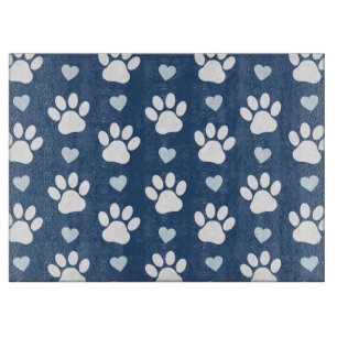 Pattern Of Paws, Dog Paws, White Paws, Blue Hearts Cutting Board