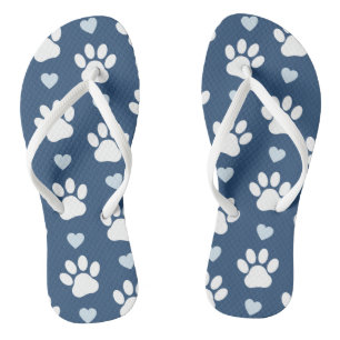Pattern Of Paws, Dog Paws, White Paws, Blue Hearts Flip Flops