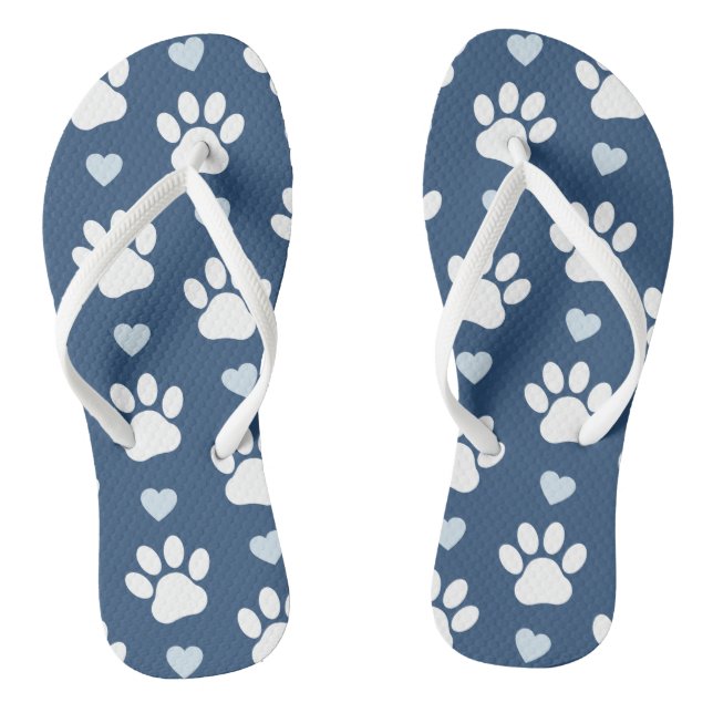 Pattern Of Paws, Dog Paws, White Paws, Blue Hearts Flip Flops (Footbed)