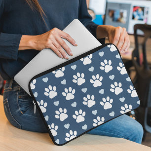 Pattern Of Paws, Dog Paws, White Paws, Blue Hearts Laptop Sleeve