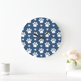 Pattern Of Paws, Dog Paws, White Paws, Blue Hearts Large Clock