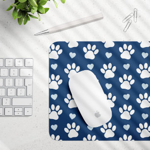 Pattern Of Paws, Dog Paws, White Paws, Blue Hearts Mouse Mat