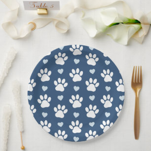 Pattern Of Paws, Dog Paws, White Paws, Blue Hearts Paper Plate