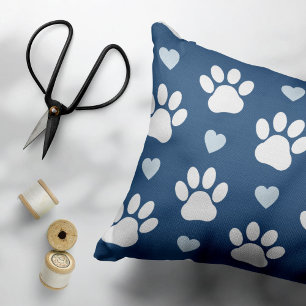 Pattern Of Paws, Dog Paws, White Paws, Blue Hearts Pillowcase