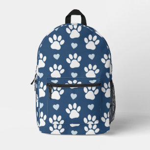 Pattern Of Paws, Dog Paws, White Paws, Blue Hearts Printed Backpack