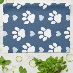 Pattern Of Paws, Dog Paws, White Paws, Blue Hearts Tea Towel