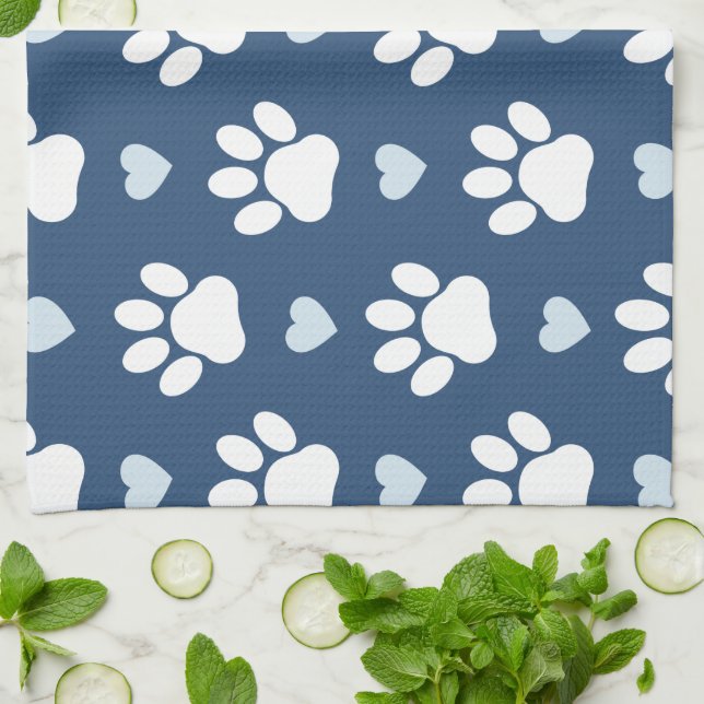 Pattern Of Paws, Dog Paws, White Paws, Blue Hearts Tea Towel (Folded)