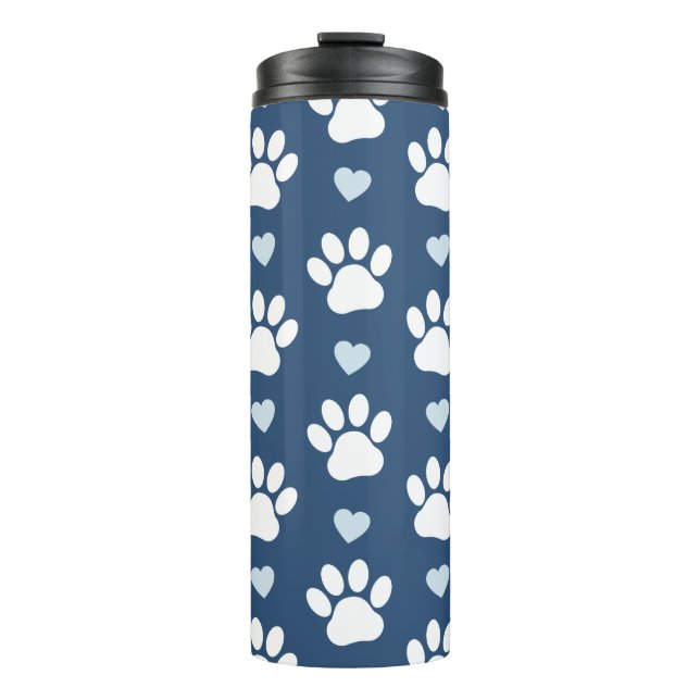 Pattern Of Paws, Dog Paws, White Paws, Blue Hearts Thermal Tumbler (Front)