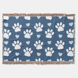 Pattern Of Paws, Dog Paws, White Paws, Blue Hearts Throw Blanket