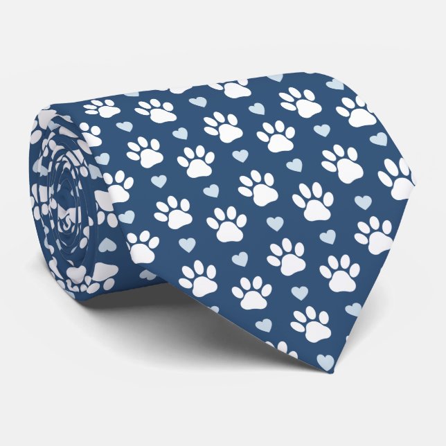 Pattern Of Paws, Dog Paws, White Paws, Blue Hearts Tie (Rolled)