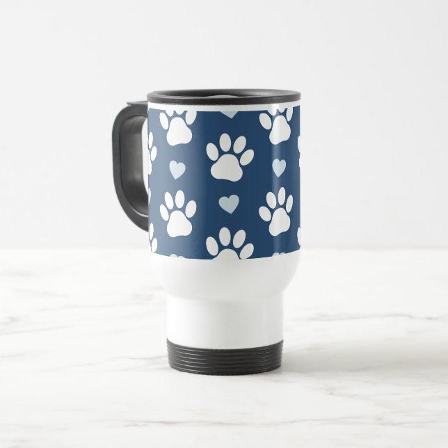 Pattern Of Paws, Dog Paws, White Paws, Blue Hearts Travel Mug (Front Left)