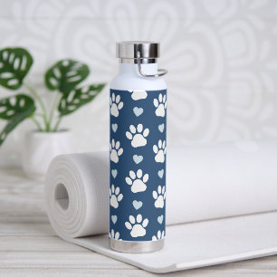 Pattern Of Paws, Dog Paws, White Paws, Blue Hearts Water Bottle