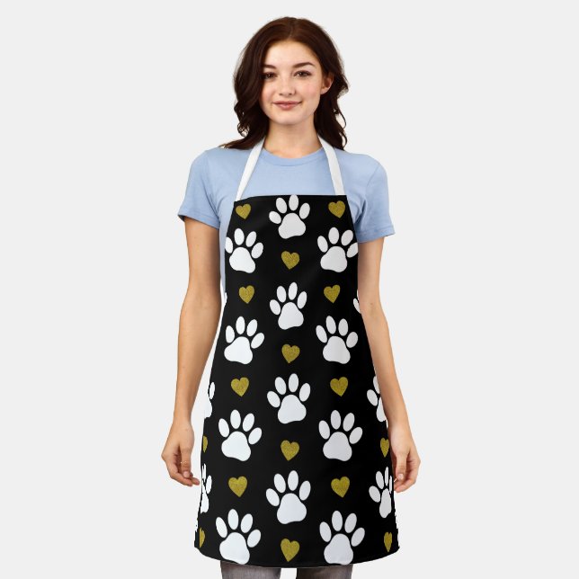 Pattern Of Paws, Dog Paws, White Paws, Gold Hearts Apron (Worn)