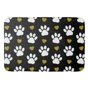 Pattern Of Paws, Dog Paws, White Paws, Gold Hearts Bath Mat