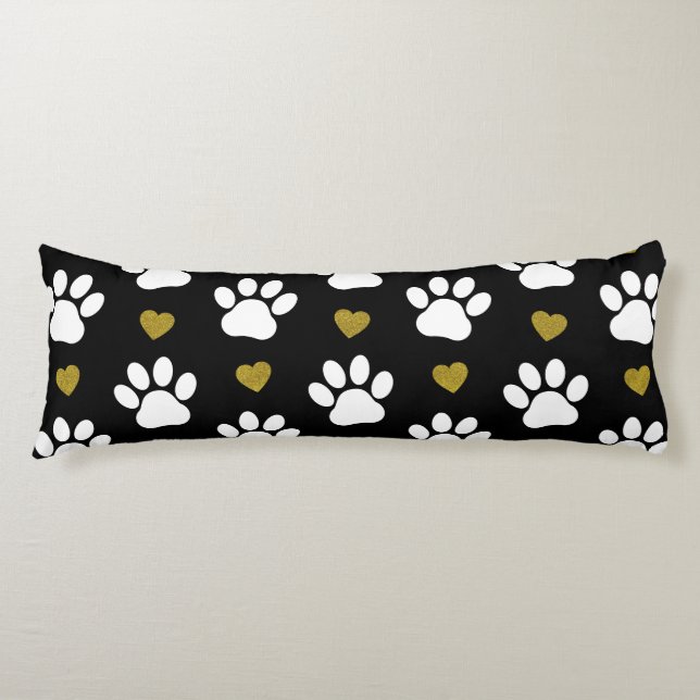 Pattern Of Paws, Dog Paws, White Paws, Gold Hearts Body Cushion (Front)