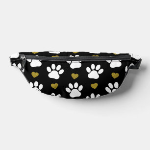 Pattern Of Paws, Dog Paws, White Paws, Gold Hearts Bum Bags