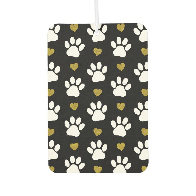 Pattern Of Paws, Dog Paws, White Paws, Gold Hearts Car Air Freshener (Front)