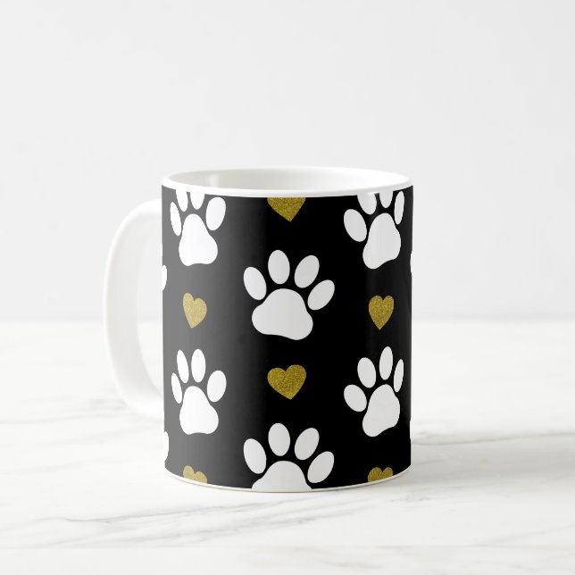Pattern Of Paws, Dog Paws, White Paws, Gold Hearts Coffee Mug (Front Left)