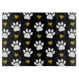 Pattern Of Paws, Dog Paws, White Paws, Gold Hearts Cutting Board