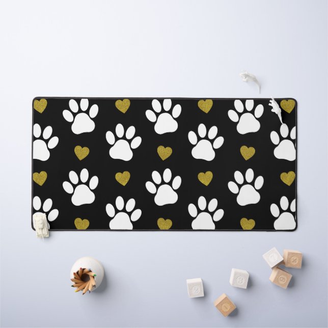 Pattern Of Paws, Dog Paws, White Paws, Gold Hearts Desk Mat (Kids Table)