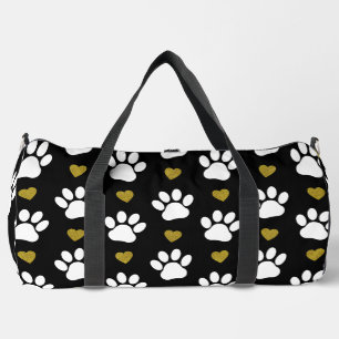 Pattern Of Paws, Dog Paws, White Paws, Gold Hearts Duffle Bag