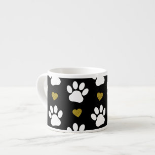 Pattern Of Paws, Dog Paws, White Paws, Gold Hearts Espresso Cup