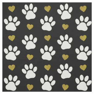 Pattern Of Paws, Dog Paws, White Paws, Gold Hearts Fabric