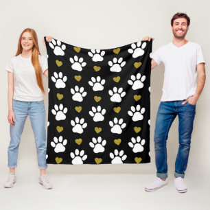 Pattern Of Paws, Dog Paws, White Paws, Gold Hearts Fleece Blanket