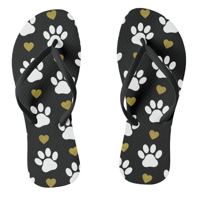 Pattern Of Paws, Dog Paws, White Paws, Gold Hearts Flip Flops (Footbed)