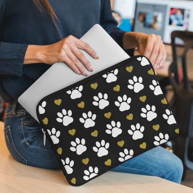 Pattern Of Paws, Dog Paws, White Paws, Gold Hearts Laptop Sleeve (Creator Uploaded)