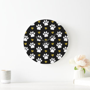Pattern Of Paws, Dog Paws, White Paws, Gold Hearts Large Clock