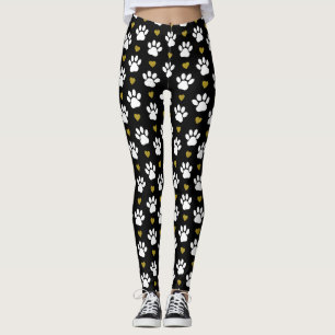 Pattern Of Paws, Dog Paws, White Paws, Gold Hearts Leggings