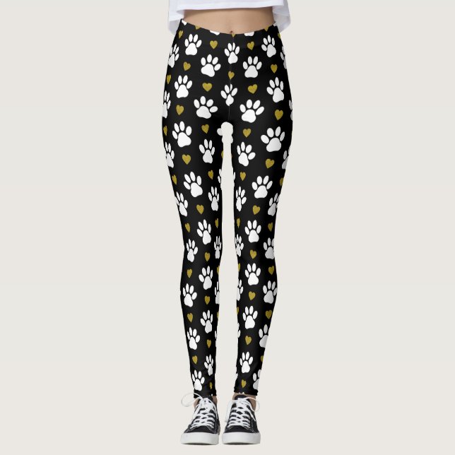 Pattern Of Paws, Dog Paws, White Paws, Gold Hearts Leggings (Front)