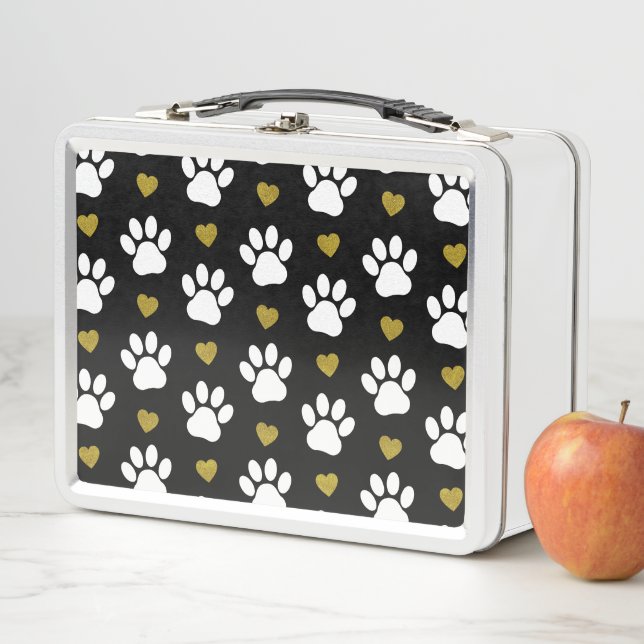 Pattern Of Paws, Dog Paws, White Paws, Gold Hearts Metal Lunch Box (In Situ)