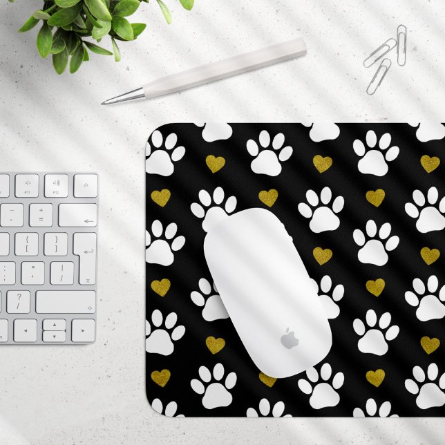 Pattern Of Paws, Dog Paws, White Paws, Gold Hearts Mouse Mat (Creator Uploaded)