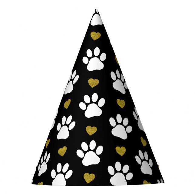 Pattern Of Paws, Dog Paws, White Paws, Gold Hearts Party Hat (Front)