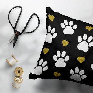 Pattern Of Paws, Dog Paws, White Paws, Gold Hearts Pillowcase