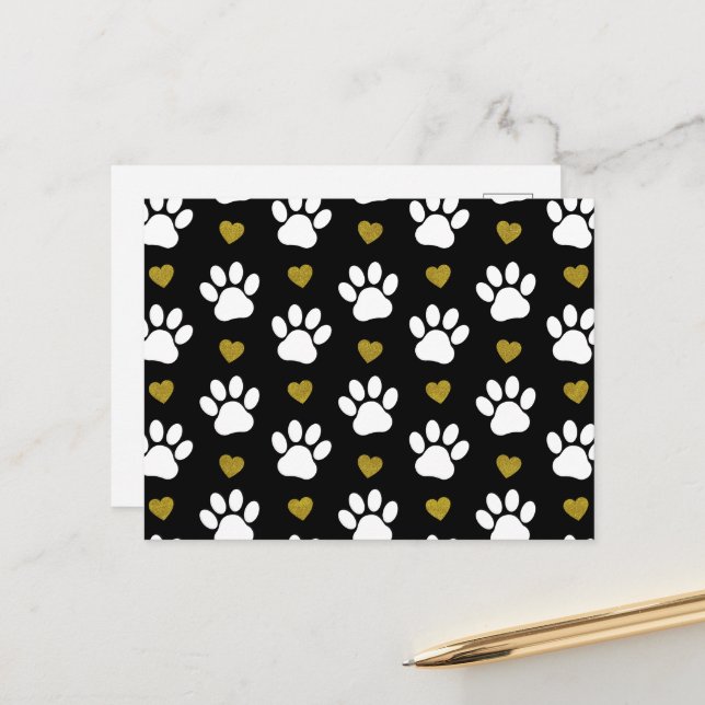 Pattern Of Paws, Dog Paws, White Paws, Gold Hearts Postcard (Front/Back In Situ)