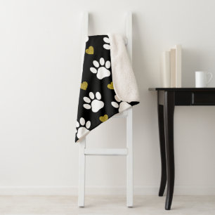Pattern Of Paws, Dog Paws, White Paws, Gold Hearts Sherpa Blanket