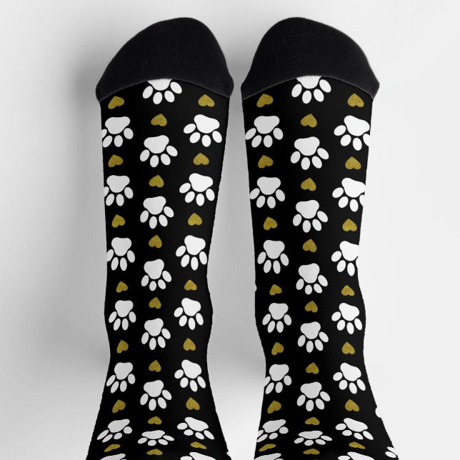 Pattern Of Paws, Dog Paws, White Paws, Gold Hearts Socks (Top)