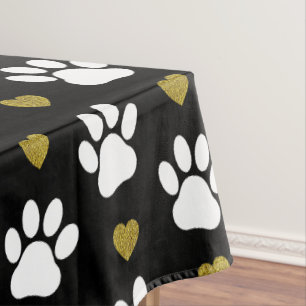 Pattern Of Paws, Dog Paws, White Paws, Gold Hearts Tablecloth