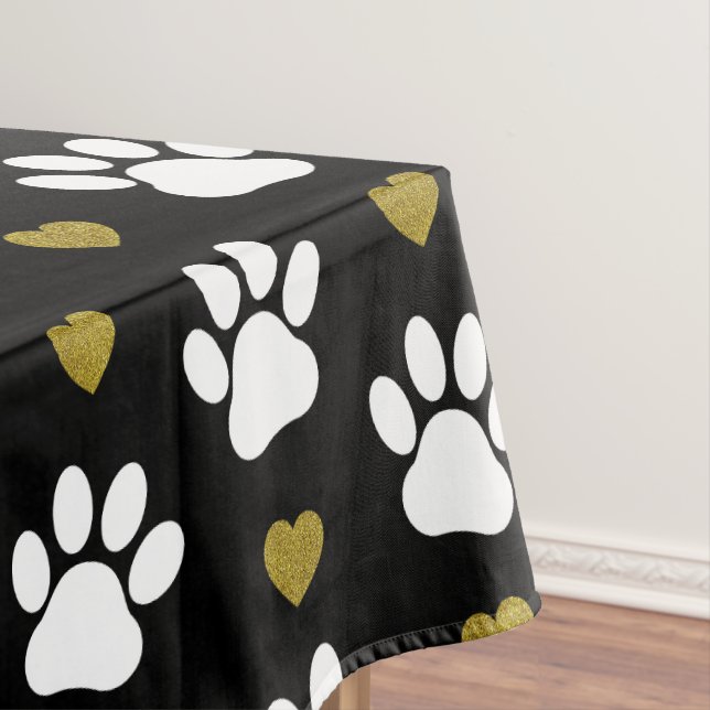 Pattern Of Paws, Dog Paws, White Paws, Gold Hearts Tablecloth (In Situ)