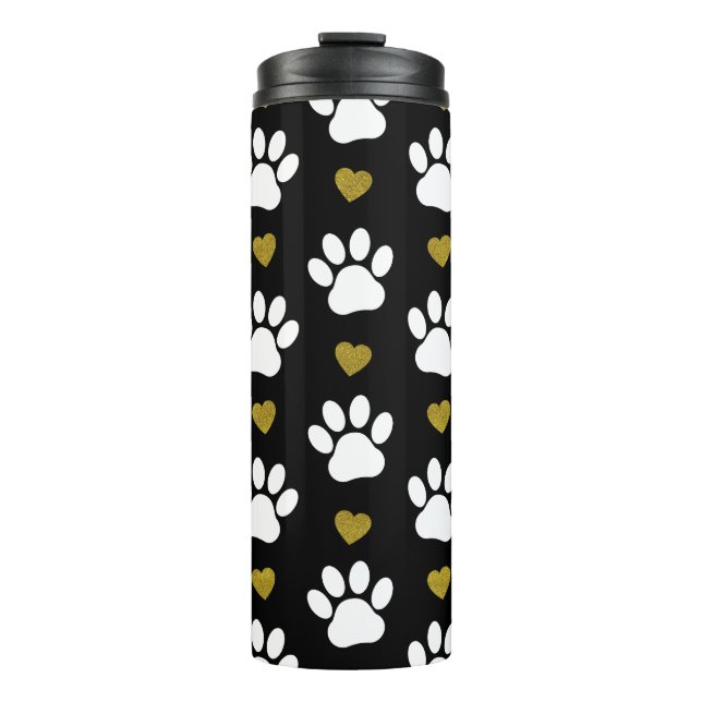 Pattern Of Paws, Dog Paws, White Paws, Gold Hearts Thermal Tumbler (Front)