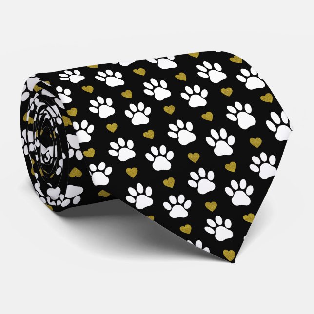 Pattern Of Paws, Dog Paws, White Paws, Gold Hearts Tie (Rolled)