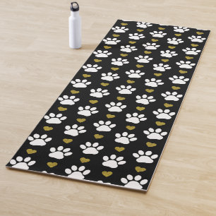 Pattern Of Paws, Dog Paws, White Paws, Gold Hearts Yoga Mat