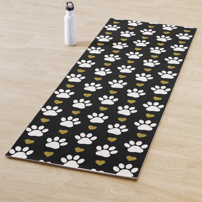 Pattern Of Paws, Dog Paws, White Paws, Gold Hearts Yoga Mat (In Situ)