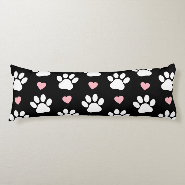 Pattern Of Paws, Dog Paws, White Paws, Pink Hearts Body Cushion (Front)