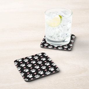 Pattern Of Paws, Dog Paws, White Paws, Pink Hearts Coaster