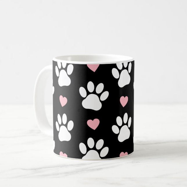 Pattern Of Paws, Dog Paws, White Paws, Pink Hearts Coffee Mug (Front Left)