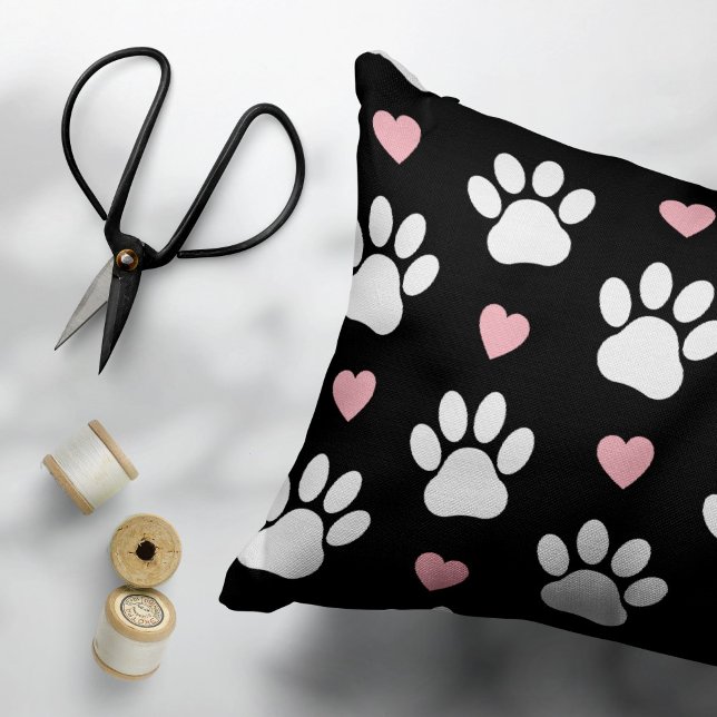 Pattern Of Paws, Dog Paws, White Paws, Pink Hearts Decorative Cushion (Creator Uploaded)